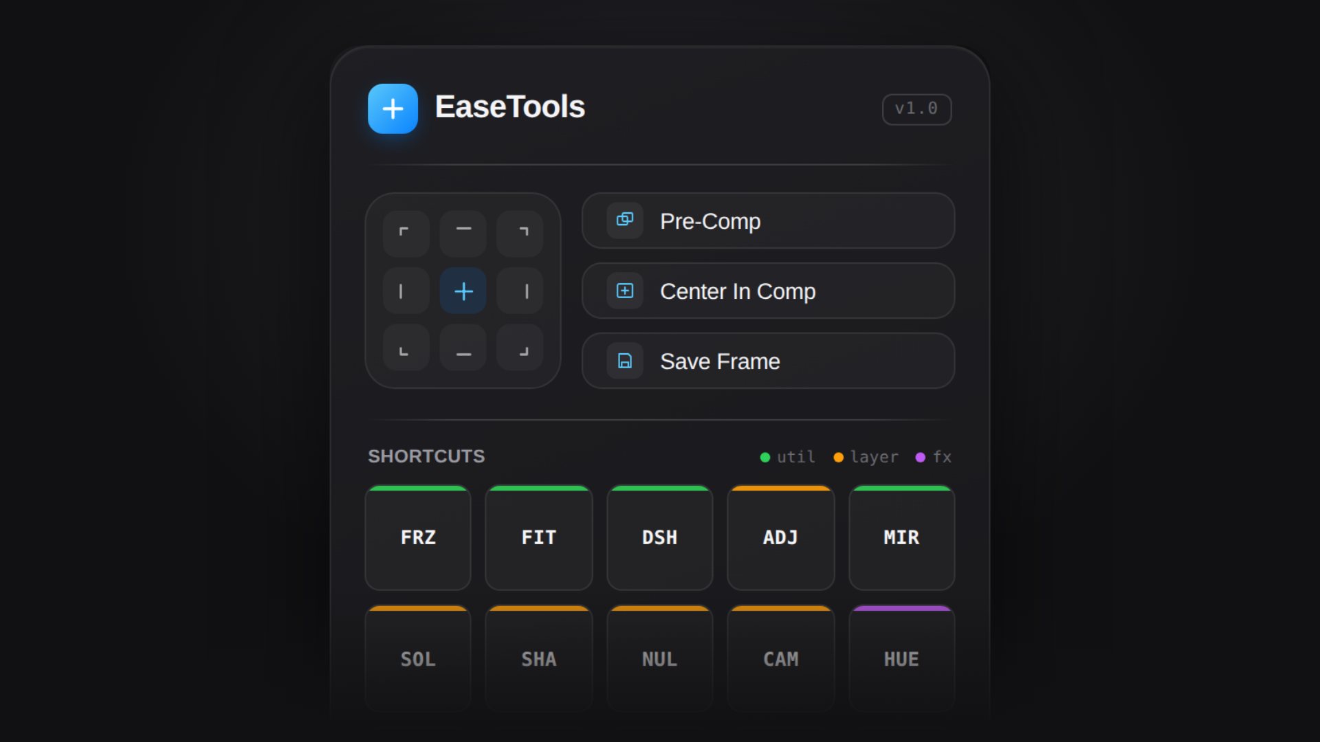 The EaseTools panel: 9-point align, Pre-Comp, Center In Comp, Save Frame and 15 shortcuts